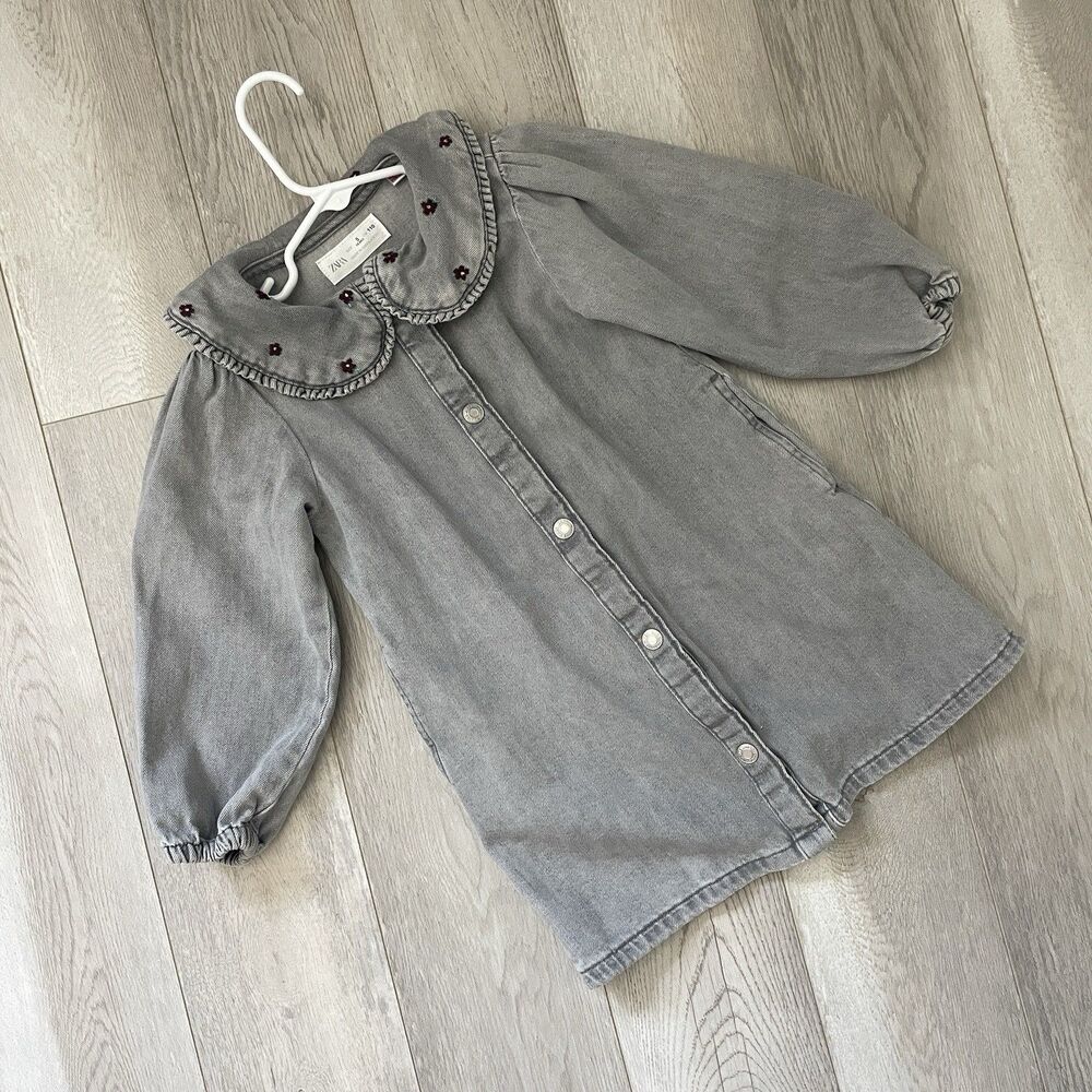 Zara Kids Dress embroidered collar mini girls Gray (size 5 years) party girly